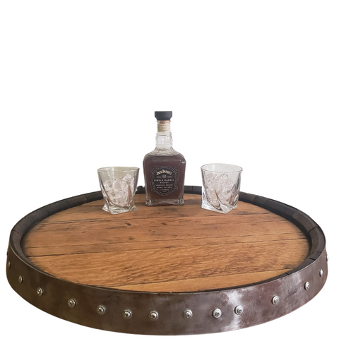 Custom Bourbon Barrel Head with Single Metal Ring Lazy Susan