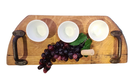 Wine Barrel Head Serving Tray with 3 White Ceramic Serving Bowls